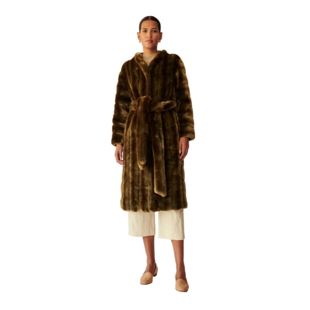 Marei1998  Ecklonis Olive Stripes Faux Fur Robe Coat